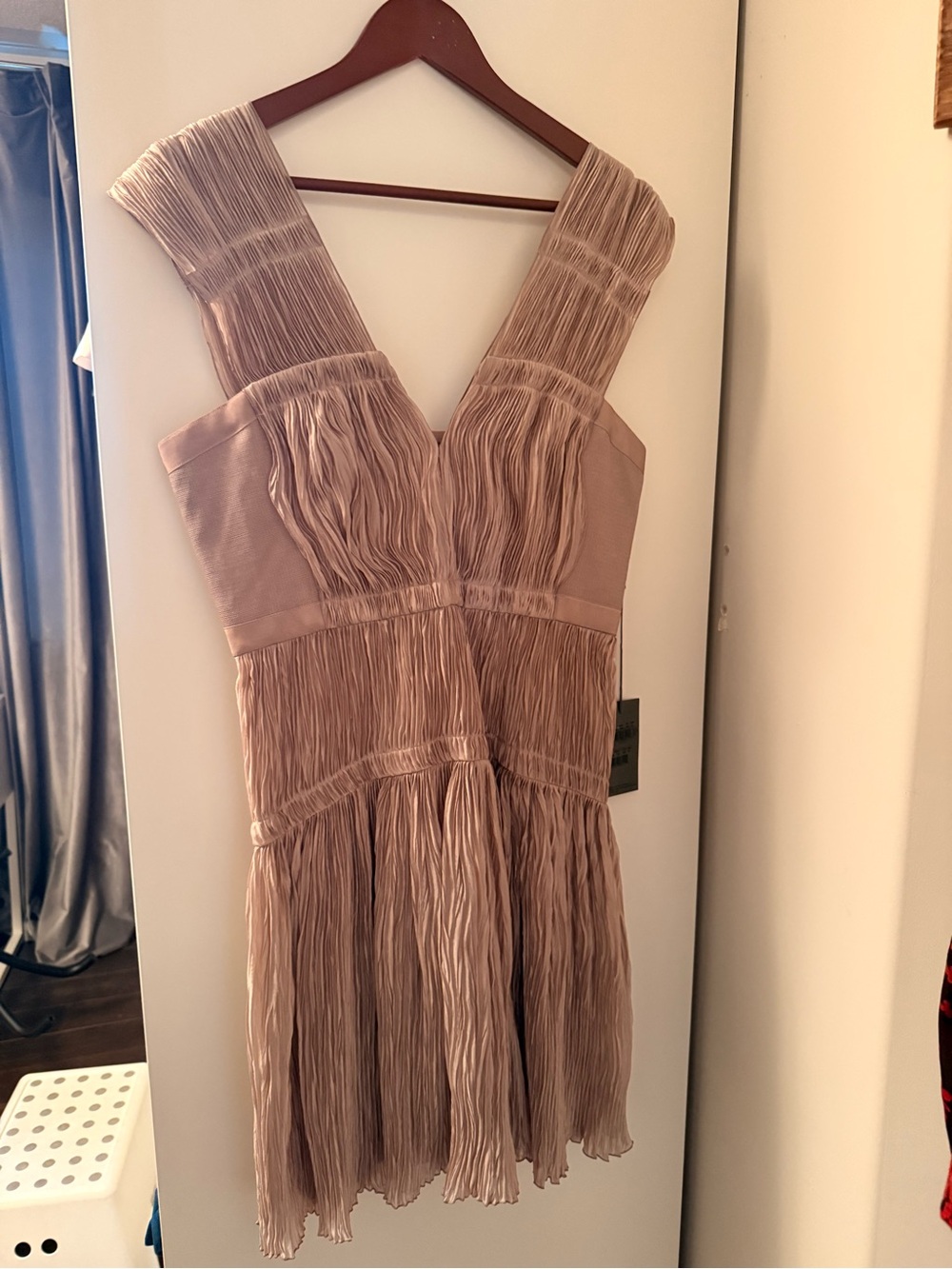 Alberta Ferretti Blush Pleated V-Neck Mini Dress